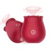 Blossom Kiss clitoral suction toy shaped like a wine red rose, shown front and side on