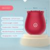 Specification panel for the rose suction toy listing its wine red colour and ten vibration channels