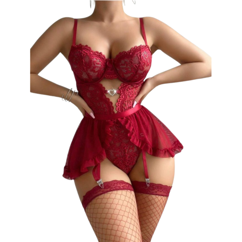 Front view of the red lace bodysuit showing the scalloped lace cups and heart ring detail