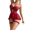 Side view of the Ruby Flirt red lace bodysuit and its ruffled mesh peplum