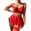 Front view of the red lace garter skirt set showing the floral lace bra and satin bow