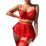 Front view of the red lace garter skirt set showing the floral lace bra and satin bow