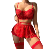 Red lace garter skirt set with a flared sheer skirt and adjustable garter straps
